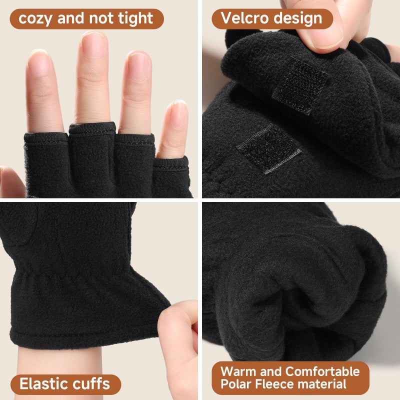 BESSTEVEN Winter Fingerless Gloves for Men Women | Convertible Flip Top Mittens - Thermal Polar Fleece Warm Lightweight for Texting Jogging - Black Medium - Image 4